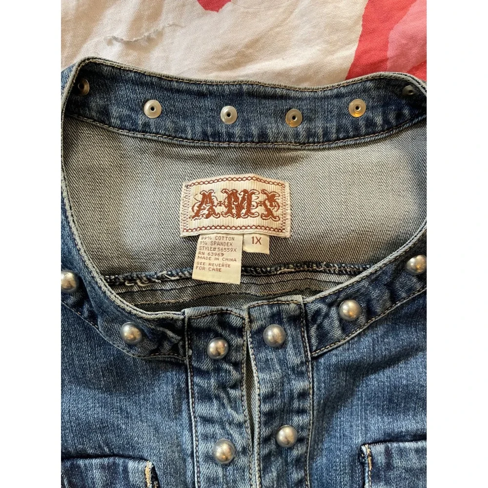Vintage 80s/90s AMS Womens Denim Jacket Studded 3/4‎ Sleeve Blue Size 1X